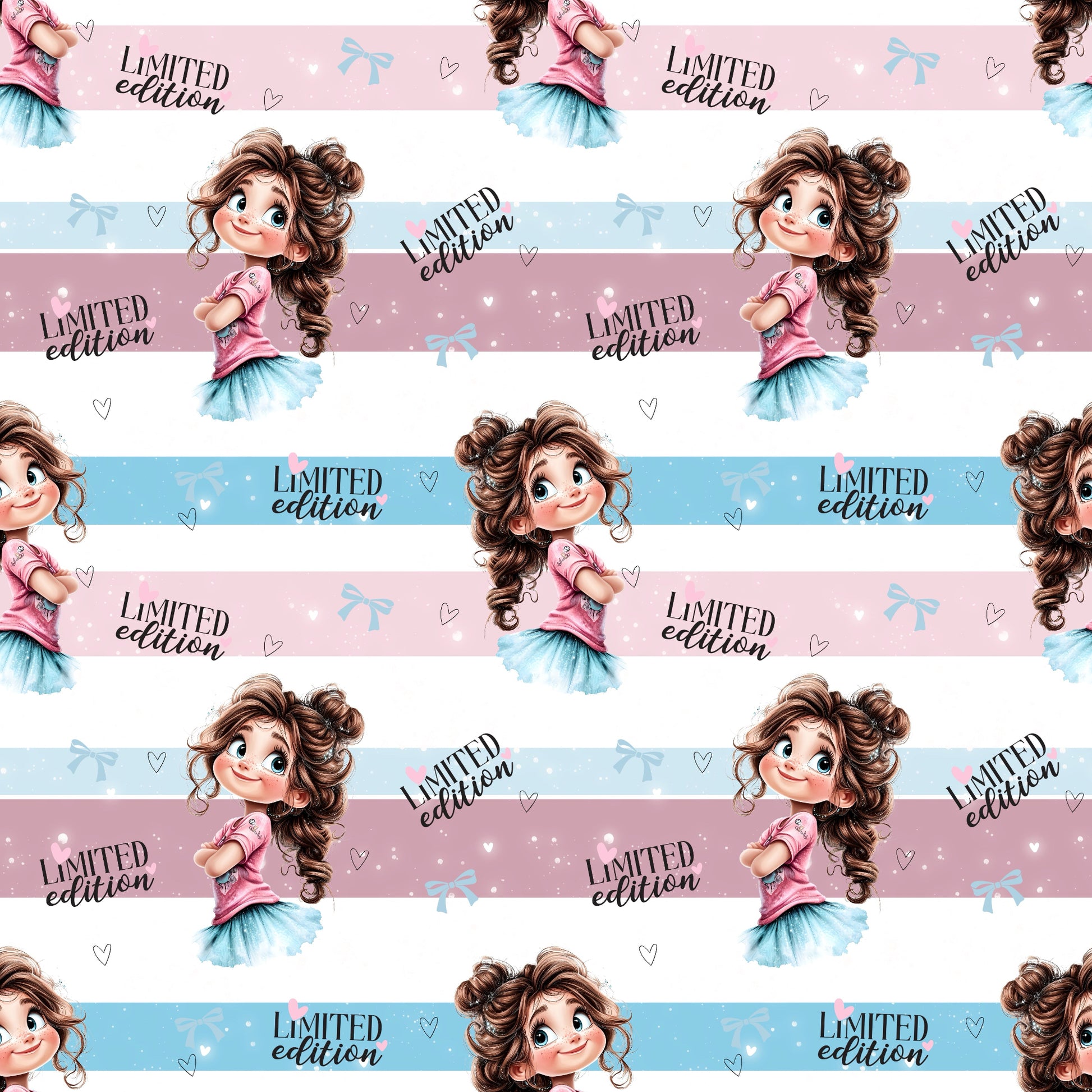Limited Edition Kinderstoff mit süßem Mädchenmotiv in Rosa und Blau.