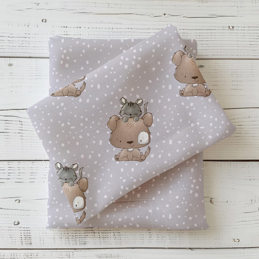 Kinderstoff Little Memories mit süßem Hund und Kätzchen – perfekt für Baby- & Kinderkleidung aus Jersey oder French Terry.