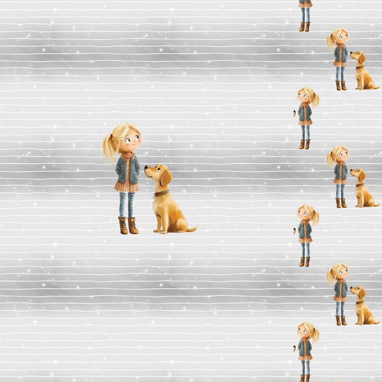 Nahaufnahme Hundeliebe Panel – liebevolles Mädchen-mit-Hund Motiv, daneben zartes Linien- und Glitzerpunkte-Muster