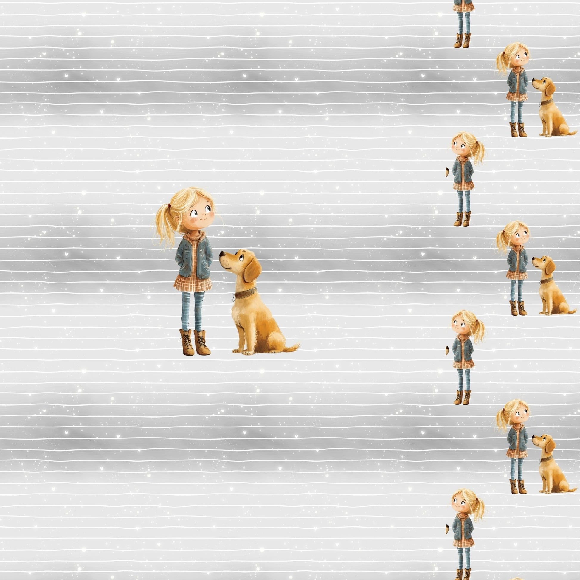 Nahaufnahme Hundeliebe Panel – liebevolles Mädchen-mit-Hund Motiv, daneben zartes Linien- und Glitzerpunkte-Muster