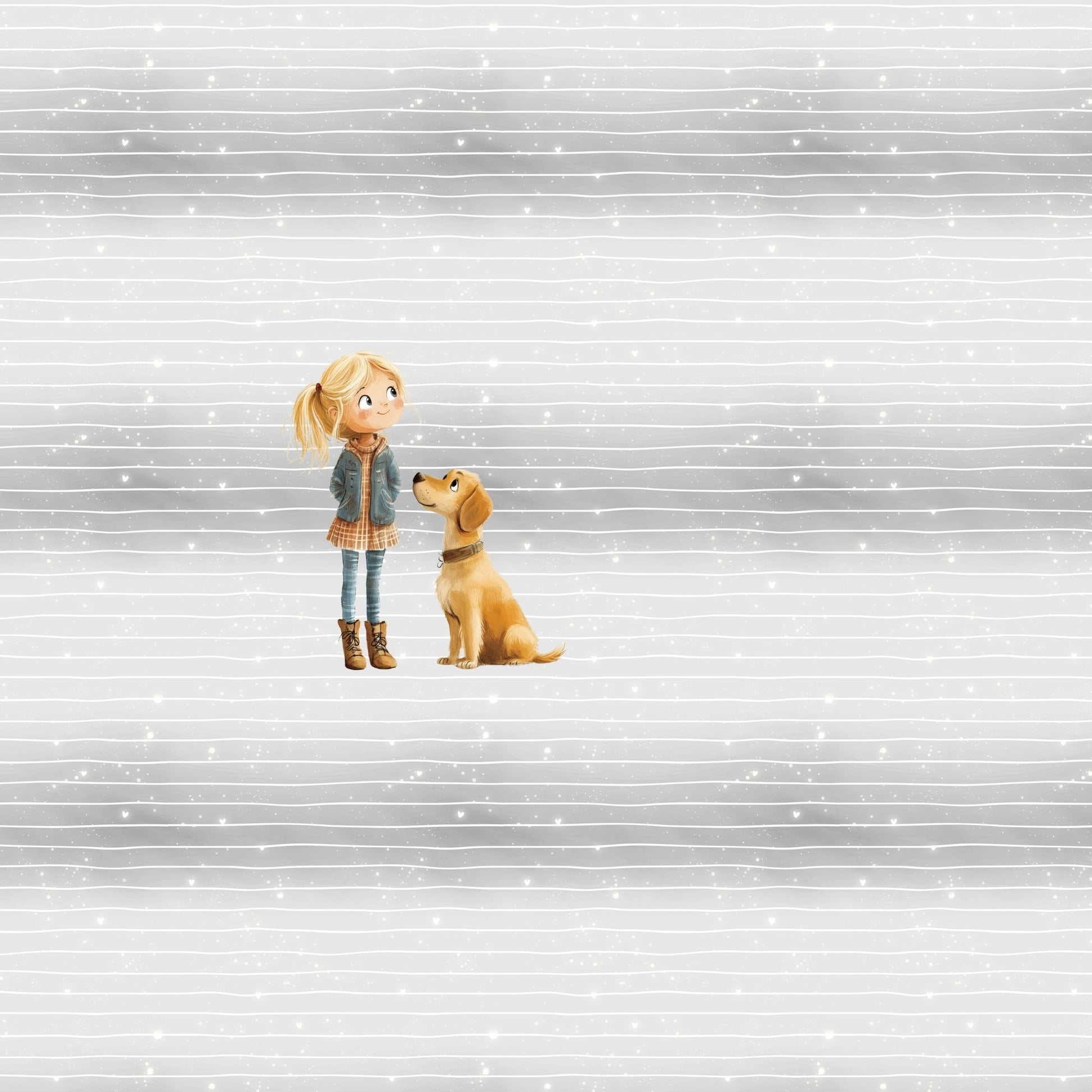 Nahaufnahme Hundeliebe Panel – detailreiches Mädchen-mit-Hund Motiv links, daneben weiches Linien- und Glitzerhintergrundmuster