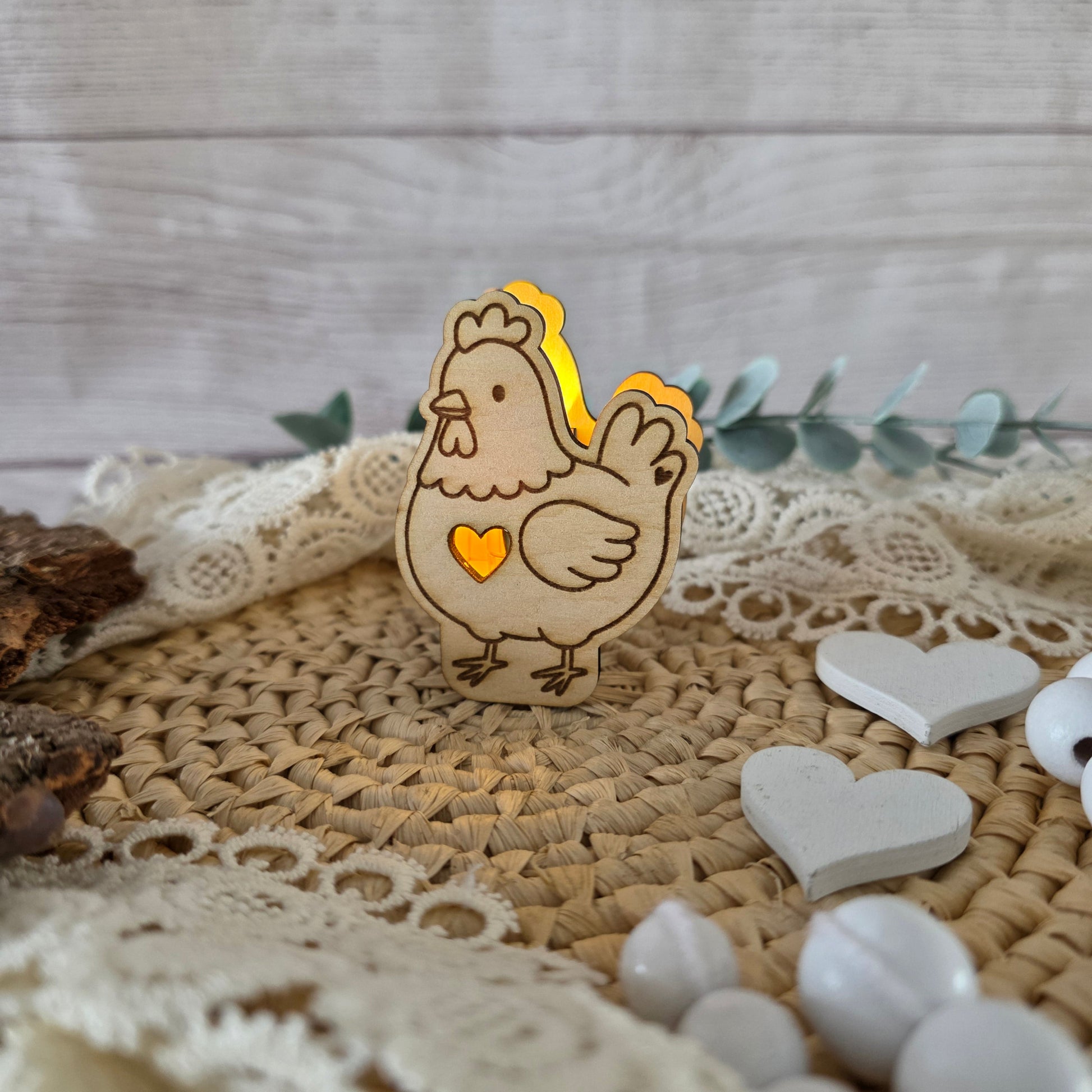 Oster-Ballonlicht Huhn aus Holz mit LED als dekoratives Osterlicht