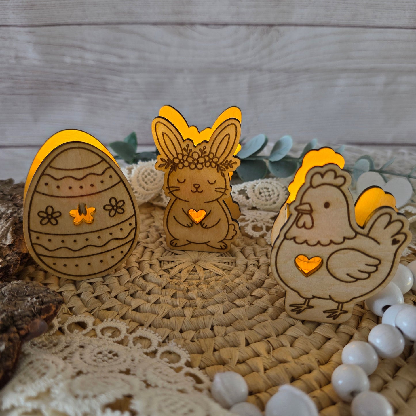 Oster-Ballonlichter aus Holz mit LED als Set mit Ei Hase und Huhn