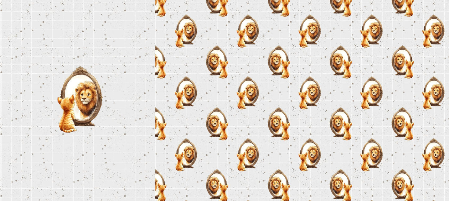 Cat Lion Panel mit großer Katze-und-Löwe Illustration links und Raster-Sprenkel-Muster rechts auf cremefarbenem Stoff