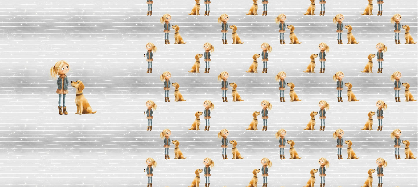 Hundeliebe Panel – Mädchen mit Hund links, daneben dezentes Linien- und Glitzerpunkte-Muster in Grau-Creme