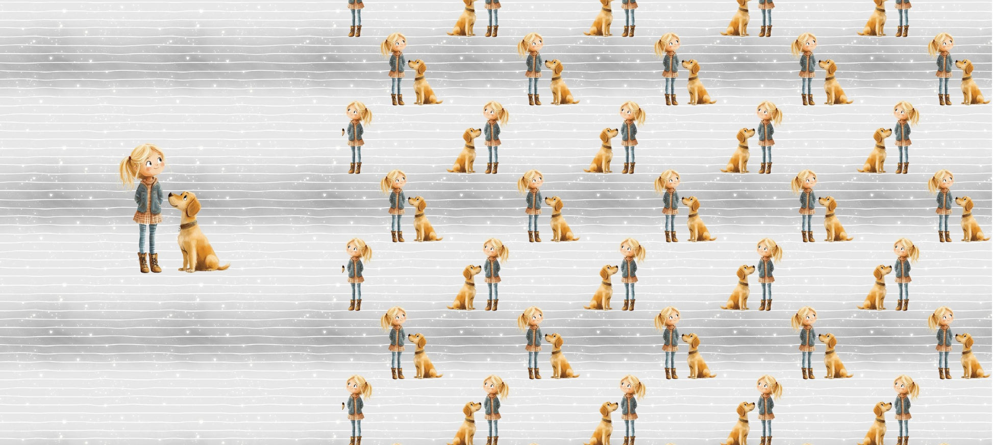 Hundeliebe Panel – Mädchen mit Hund links, daneben dezentes Linien- und Glitzerpunkte-Muster in Grau-Creme