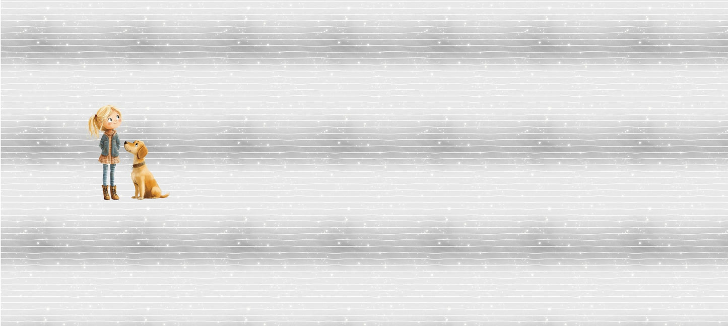 Hundeliebe Panel – Mädchen mit Hund links auf Linien- und Glitzerhintergrund in sanften Grautönen