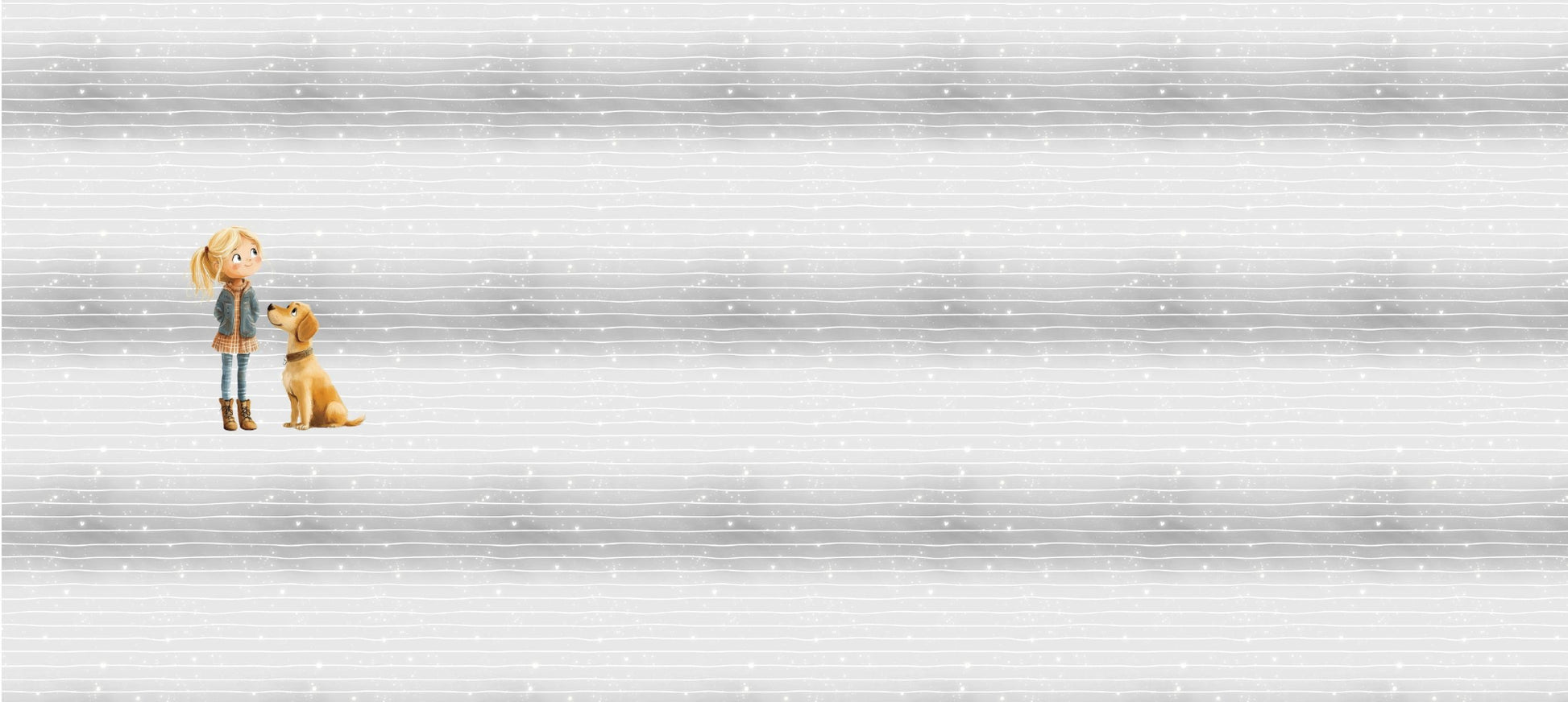 Hundeliebe Panel – Mädchen mit Hund links auf Linien- und Glitzerhintergrund in sanften Grautönen