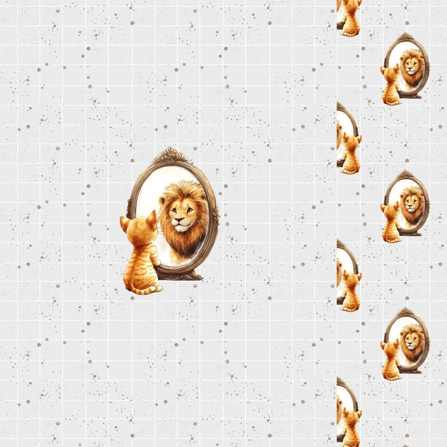 Nahaufnahme des Cat Lion Panels – detailliertes Spiegelmotiv mit Kätzchen und Löwen, daneben ein kleiner Teil des passenden Raster-Sprenkelmusters