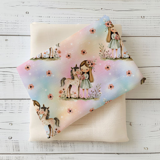 Gefalteter Jersey-Stoff „Pferdemädchen“ mit pastellfarbenem Hintergrund und liebevollem Motiv aus Mädchen und Pony.