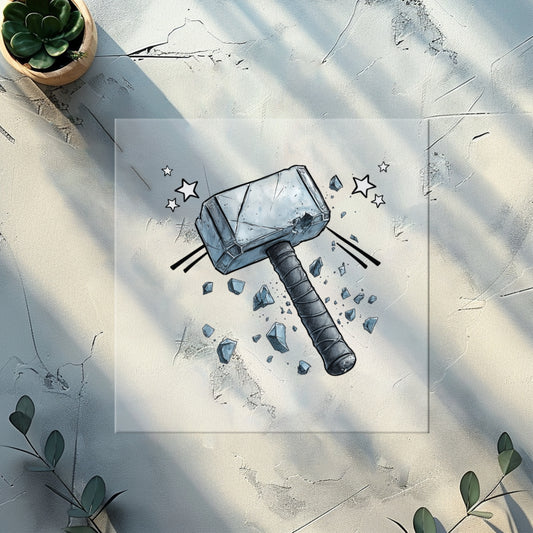 Kraftvolles Bügelbild-Motiv für Kinder – Hammer mit Splittereffekt auf weißem Sweatshirt.