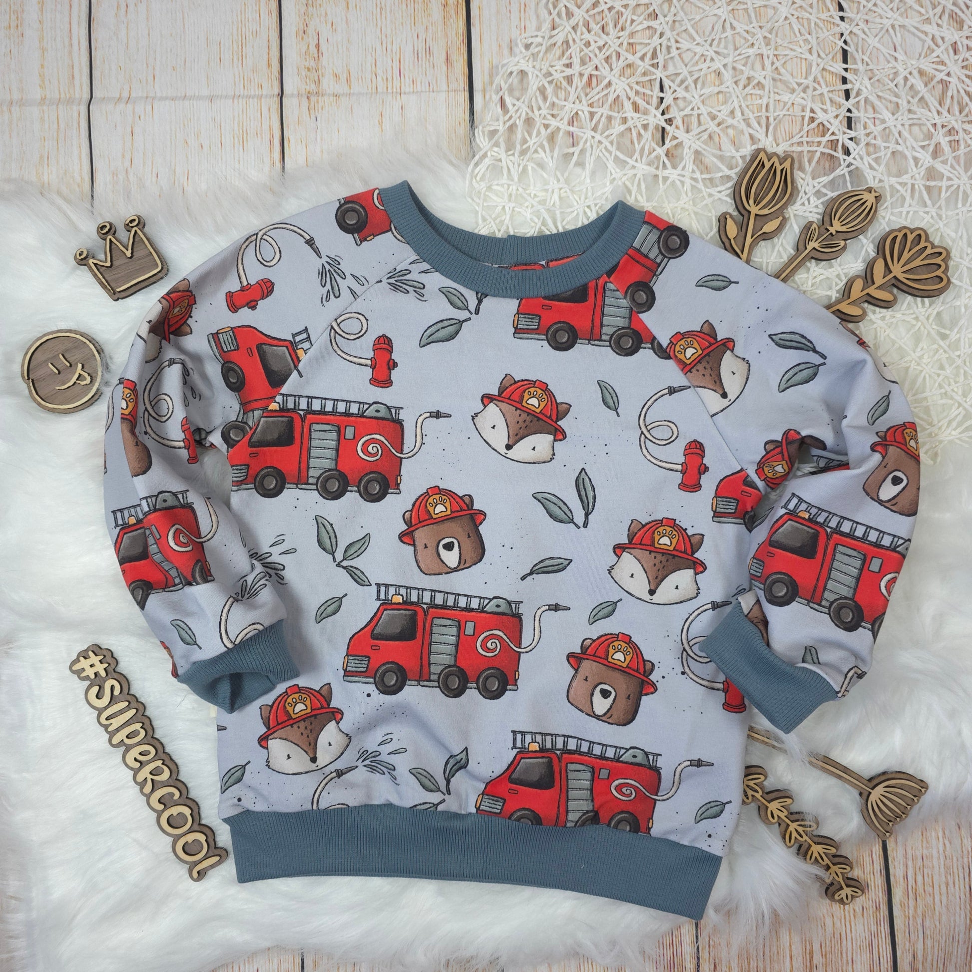 Kinder Pullover Größe 98 Feuerwehr Waldtiere French Terry handgemacht