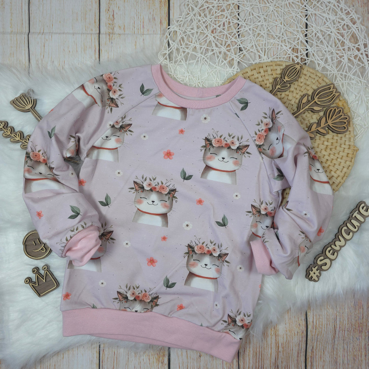 Kinder Pullover Größe 116 Katze Blumen French Terry handgemacht