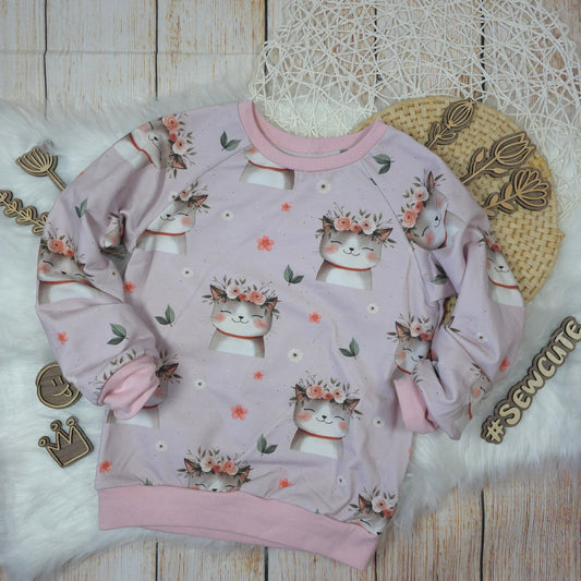 Kinder Pullover Größe 116 Katze Blumen French Terry handgemacht