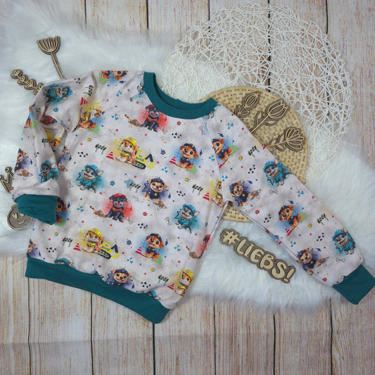 Kinder Pullover Größe 110 Helden Hunde Design French Terry handgemacht