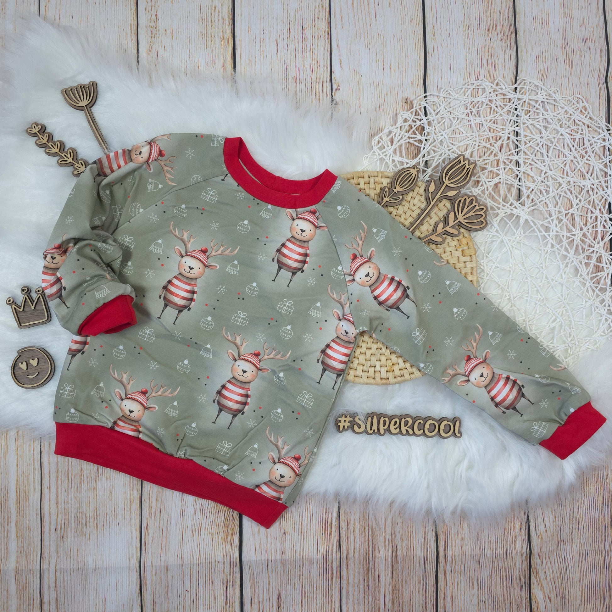 Kinder Pullover Größe 104 Winter Reh French Terry handgemacht