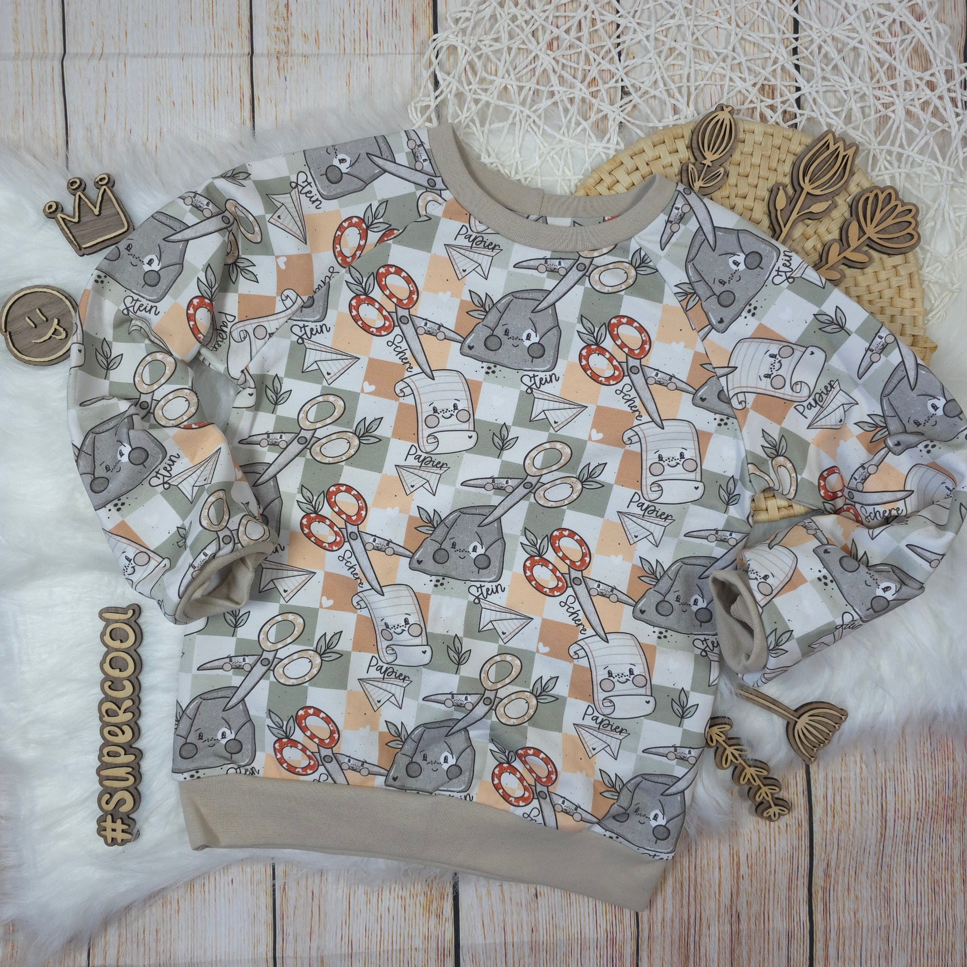 Kinder Pullover Größe 116 Schere Stein Papier Design French Terry handgemacht