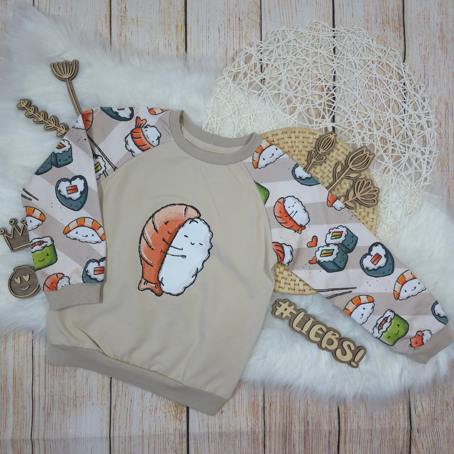 Kinder Pullover Größe 104 Sushi Bügelbild Vorderseite handgemacht