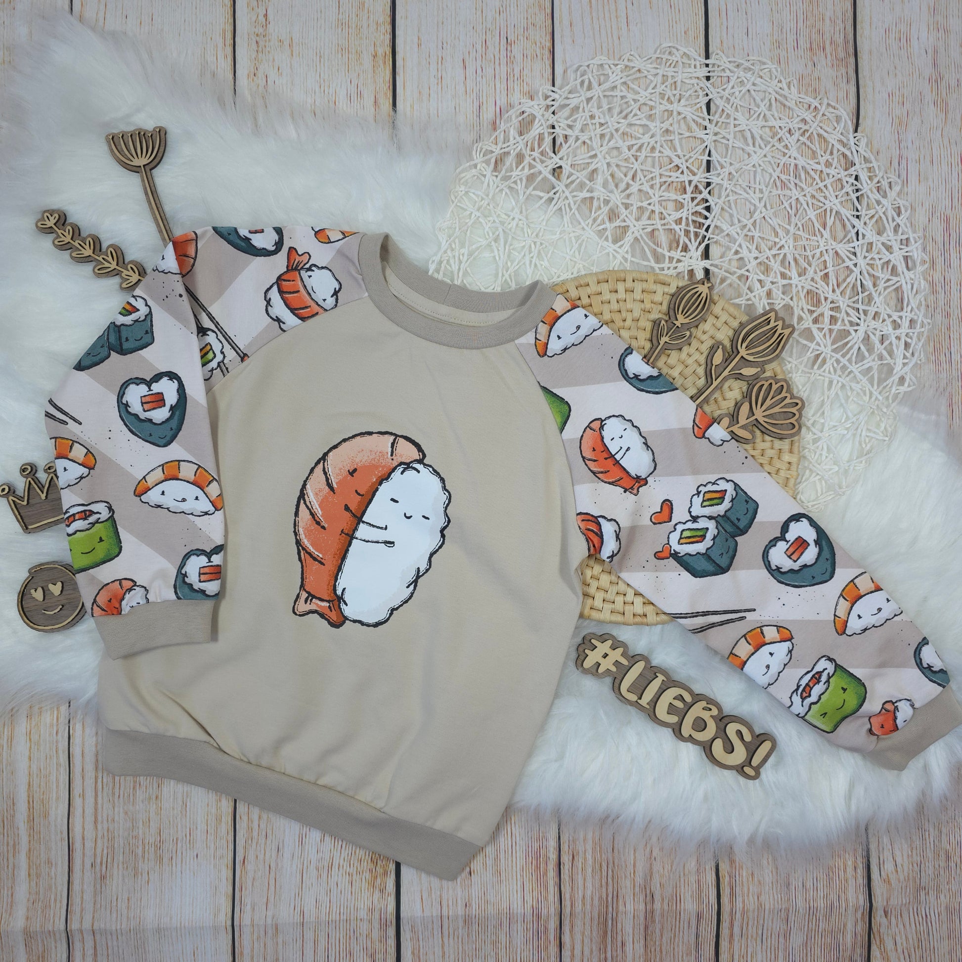 Kinder Pullover Größe 104 Sushi Bügelbild Vorderseite handgemacht