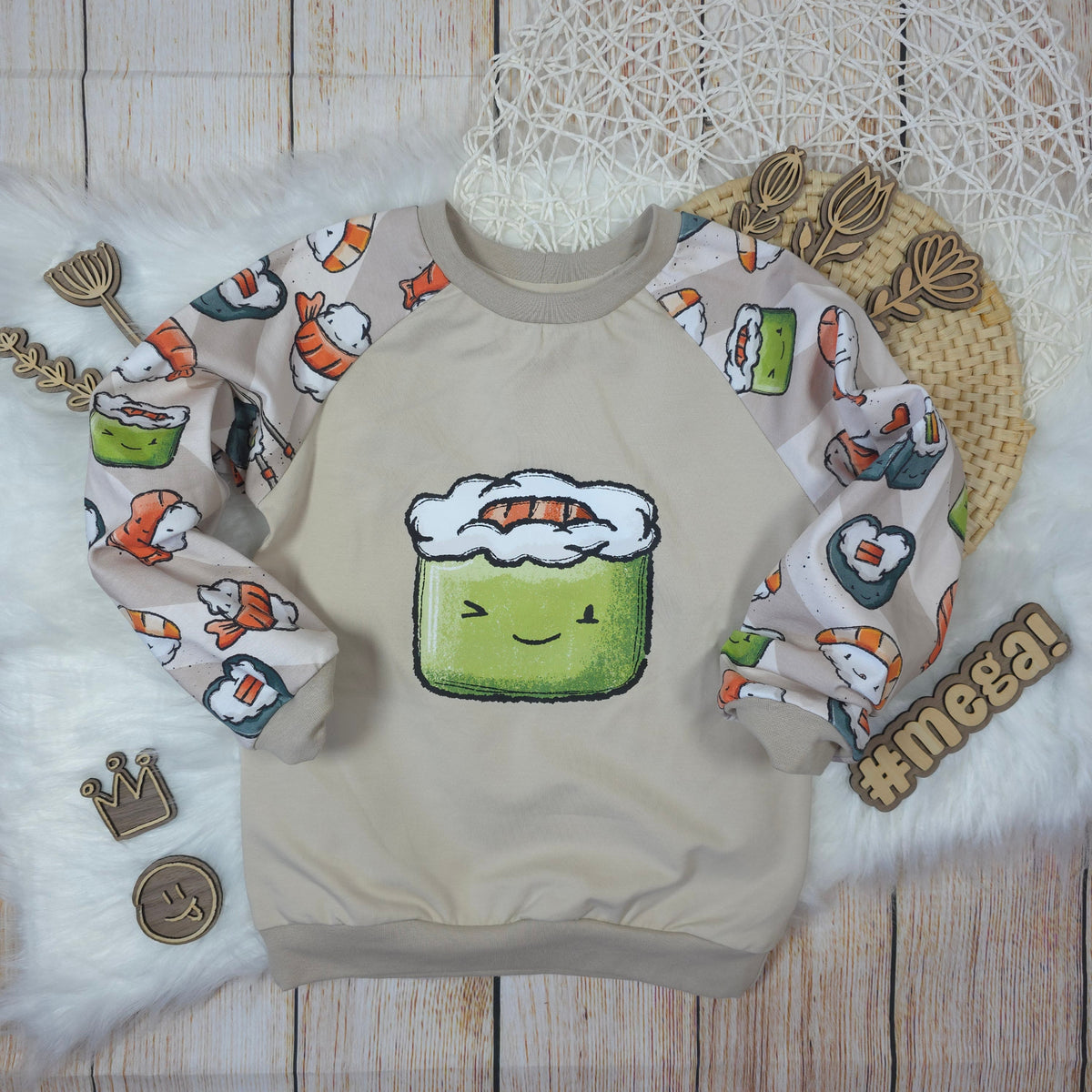 Kinder Pullover Größe 110 mit Sushi Bügelbild Vorderseite handgemacht