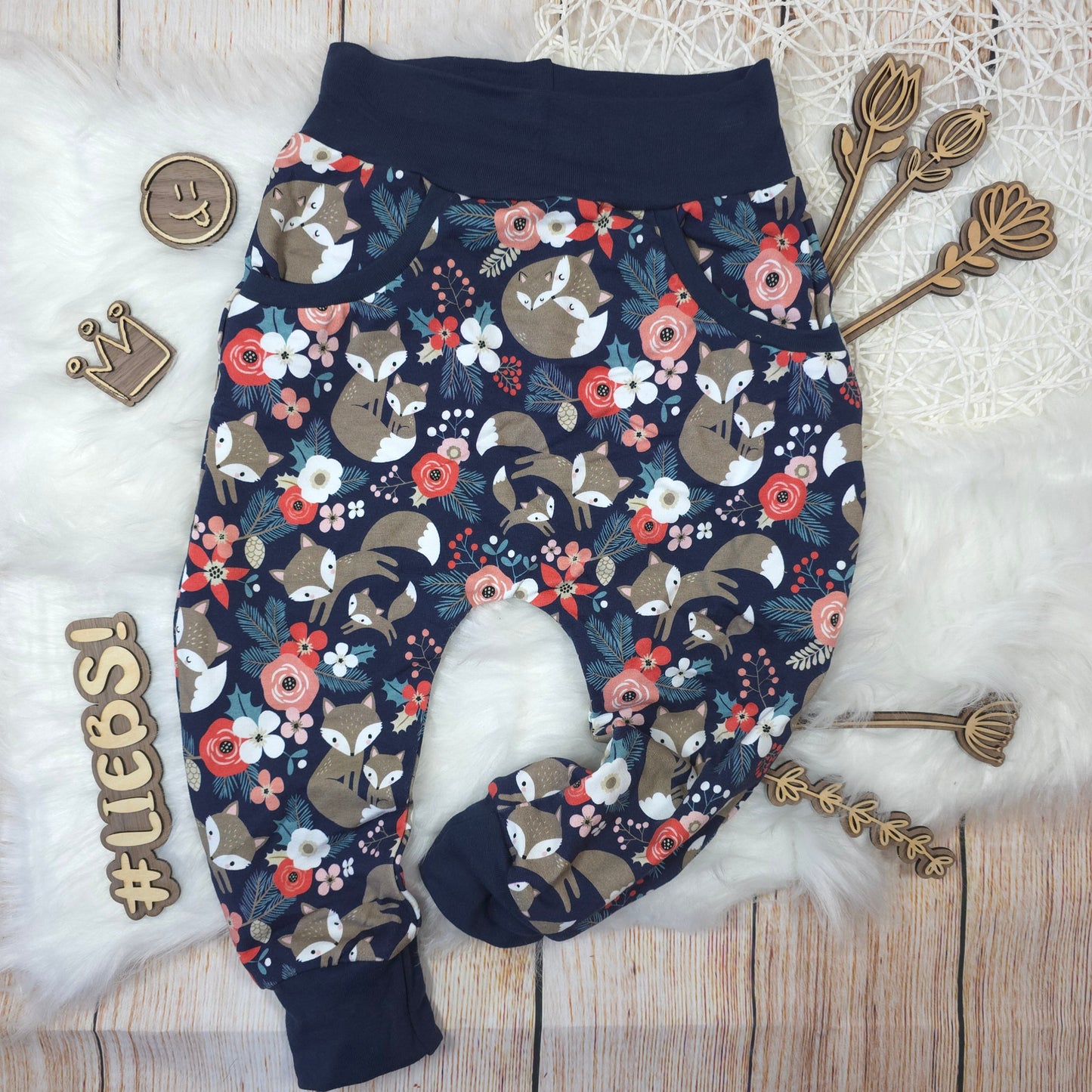 Kinder Pumphose Größe 98 Fuchs Blumen French Terry mit Taschen handgemacht
