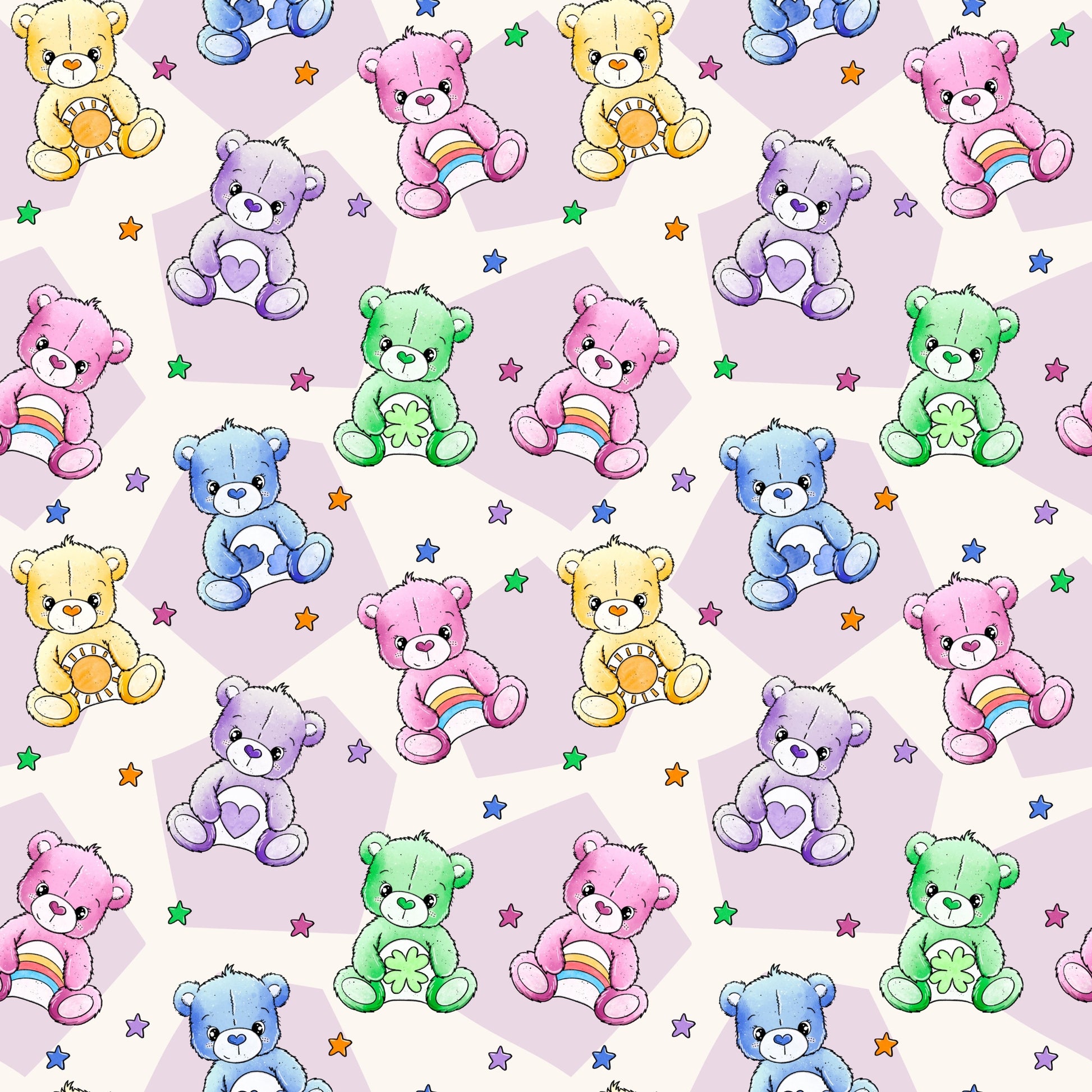 Bunter Bärchenstoff voller Liebe: Niedliche Teddys mit Symbolen wie Herz, Regenbogen & Sonne – ideal für kreative Kinderkleidung und Babygeschenke.