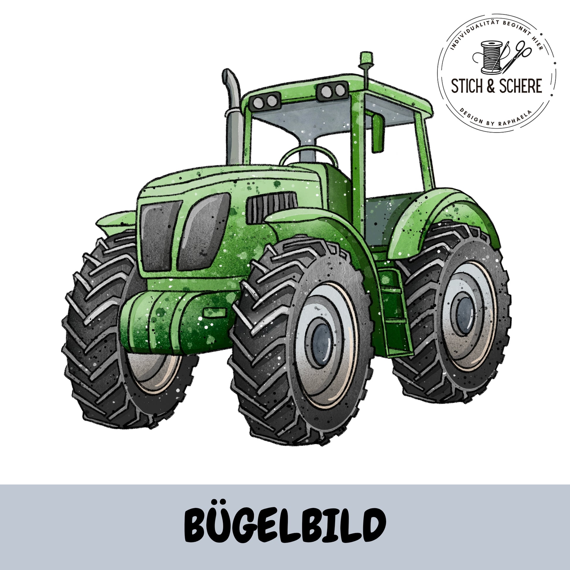 Bügelbild „Trecker“: freigestelltes, handgezeichnetes Traktor-Motiv (grün) mit breiten Profilreifen; neutraler weißer Hintergrund, Logo „Stich & Schere“ oben rechts; Beschriftung „BÜGELBILD“ unten.
