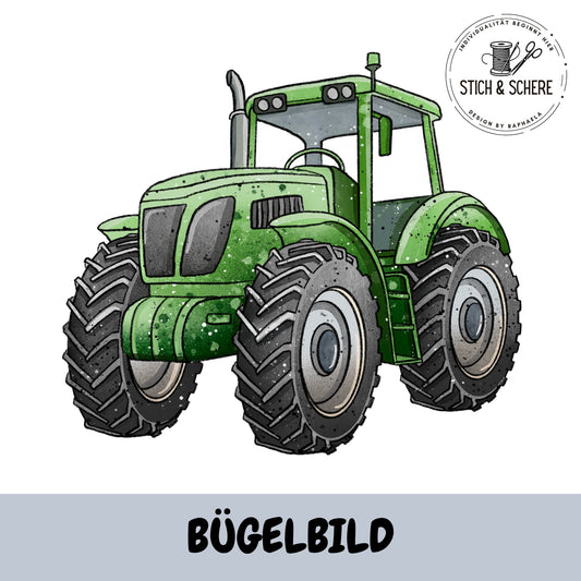 Bügelbild „Trecker“: freigestelltes, handgezeichnetes Traktor-Motiv (grün) mit breiten Profilreifen; neutraler weißer Hintergrund, Logo „Stich & Schere“ oben rechts; Beschriftung „BÜGELBILD“ unten.
