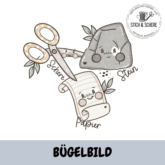 Bügelbild Schere, Stein, Papier – süßes DIY-Motiv zum Aufbügeln auf Kleidung und Accessoires