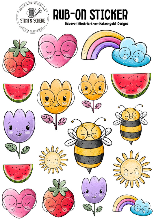 Rub-On-Sticker-Sheet „Buntes Glück“ im DIN A5-Format mit bunten Motiven wie Bienen, Regenbögen, Blumen und Herzen – handgezeichnet von Katzengold-Designs für Stich & Schere.