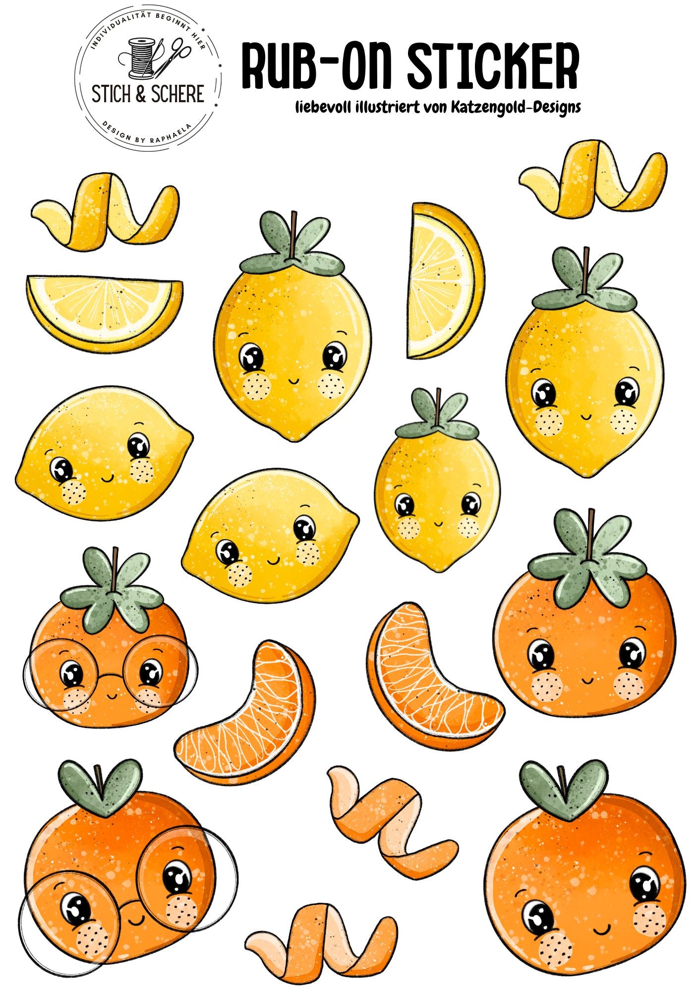 Rub-On-Sticker-Sheet „Clementini & Zitrönchen“ im DIN A5-Format mit süßen Zitronen und Clementinen – handgezeichnet von Katzengold-Designs für Stich & Schere.