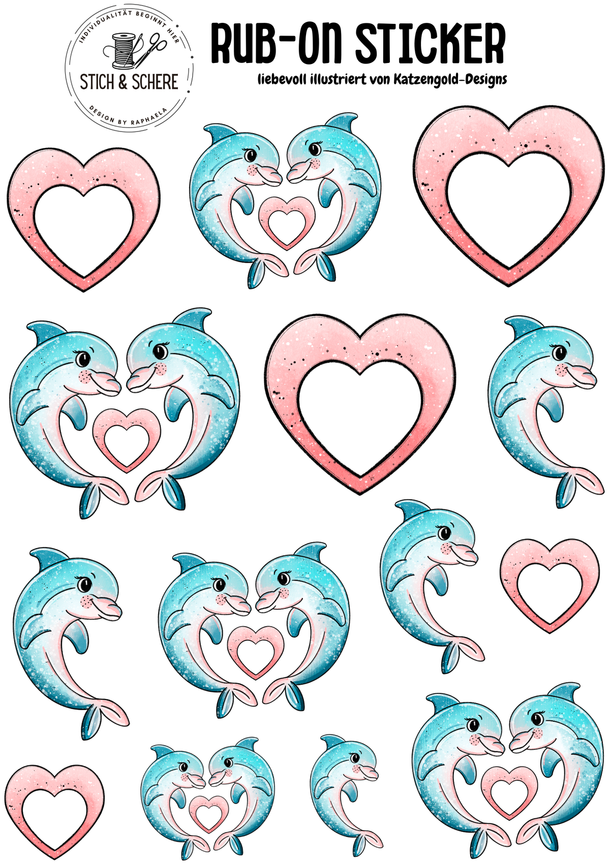 Delfinchen Rub-On Sticker DIN A5 mit türkis-blauen Delfinen, liebevollen Delfinpaaren und rosa Herzen von Katzengold-Designs