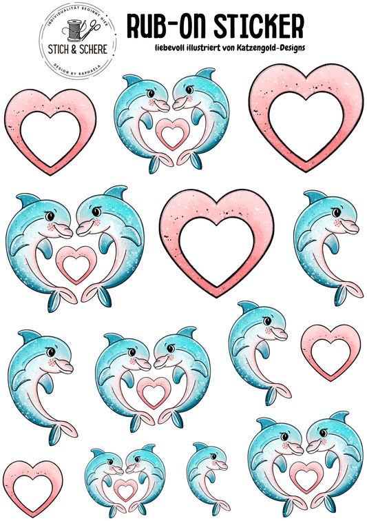 Delfinchen Rub-On Sticker DIN A5 mit türkis-blauen Delfinen, liebevollen Delfinpaaren und rosa Herzen von Katzengold-Designs