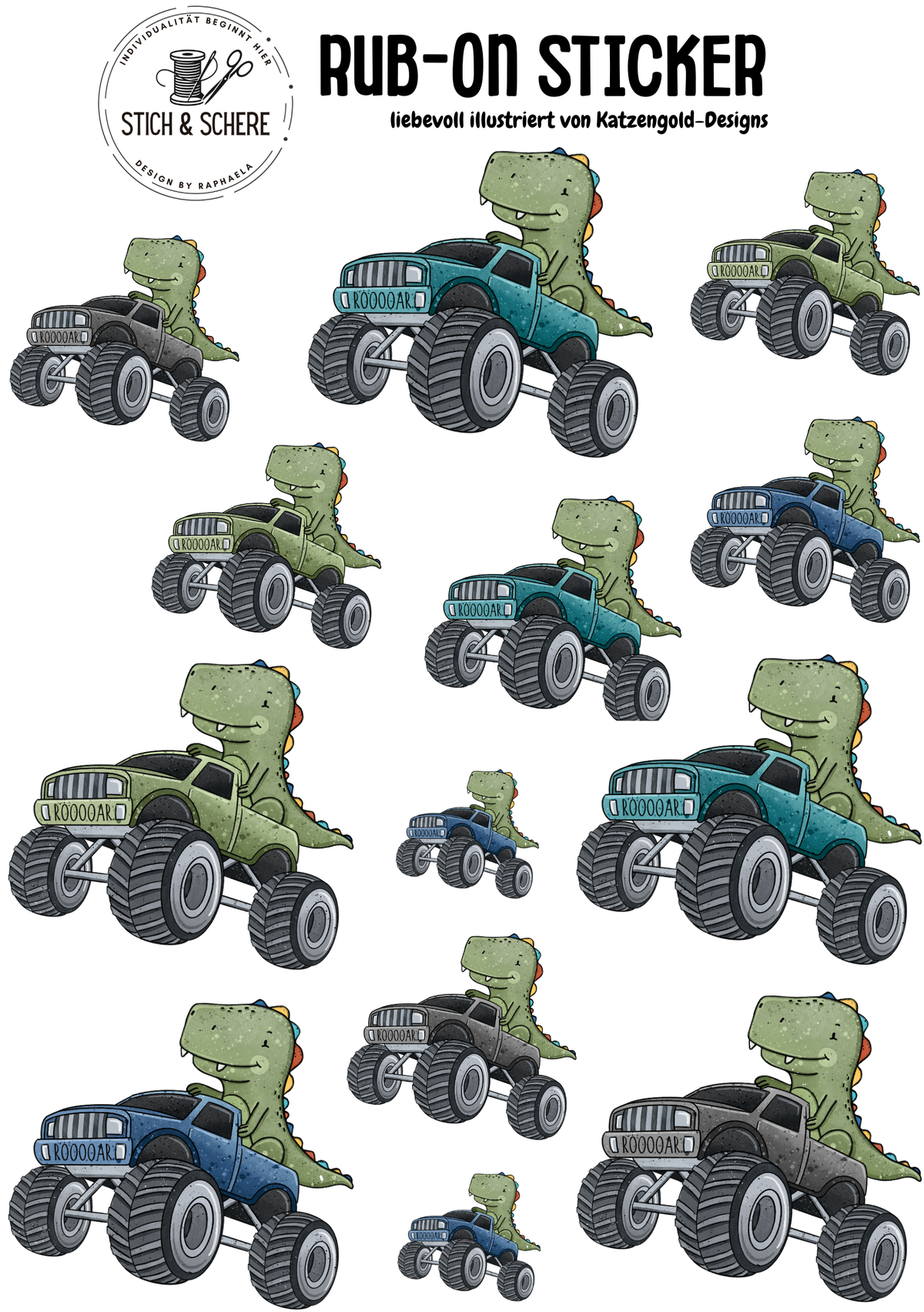 Dino Truck Rub-On Sticker DIN A5 mit grünem Dinosaurier in bunten Monstertrucks von Katzengold-Designs