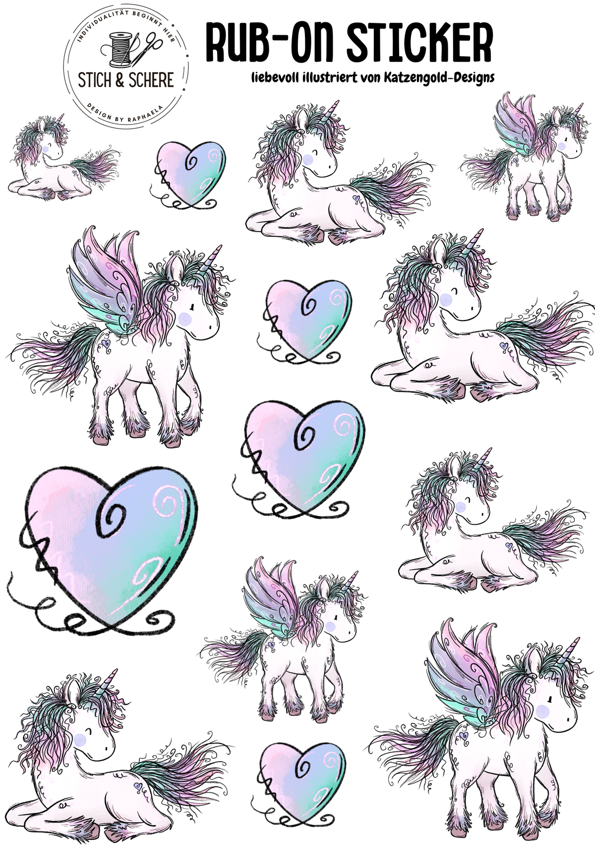 Einhornzeit Rub-On Sticker DIN A5 mit Einhörnern, geflügelten Einhörnern und pastellfarbenen Herzen von Katzengold-Designs