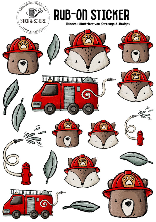 Rub-On-Sticker-Sheet „Fire Crew“ im DIN A5-Format mit Bären, Füchsen, Feuerwehrautos und Hydranten – handgezeichnet von Katzengold-Designs für Stich & Schere.