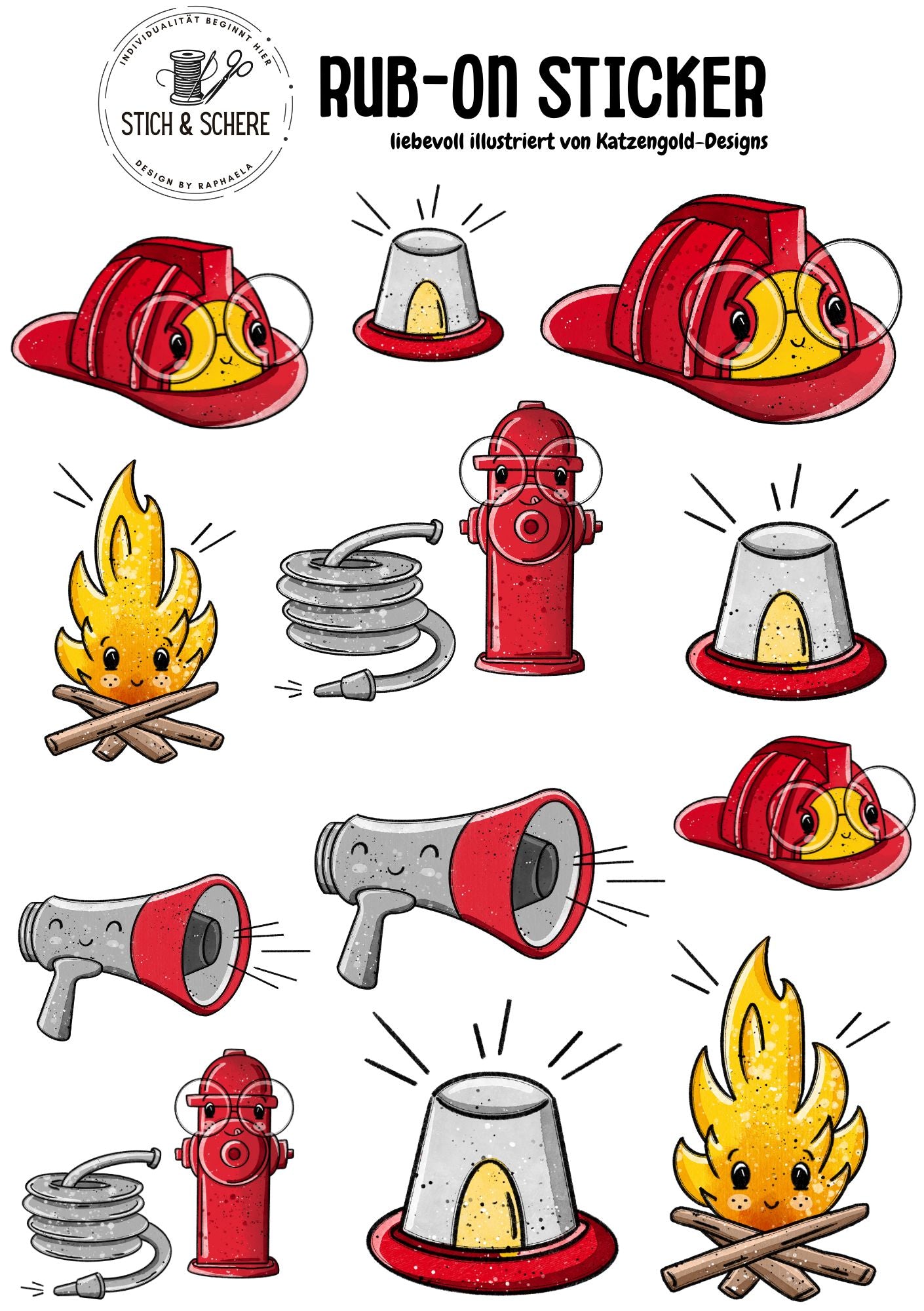 Rub-On-Sticker-Sheet „Fire Time“ im DIN A5-Format mit Feuerwehrhelmen, Flammen, Hydranten und Megafonen – handgezeichnet von Katzengold-Designs für Stich & Schere.