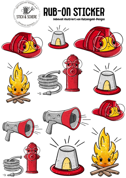 Rub-On-Sticker-Sheet „Fire Time“ im DIN A5-Format mit Feuerwehrhelmen, Flammen, Hydranten und Megafonen – handgezeichnet von Katzengold-Designs für Stich & Schere.