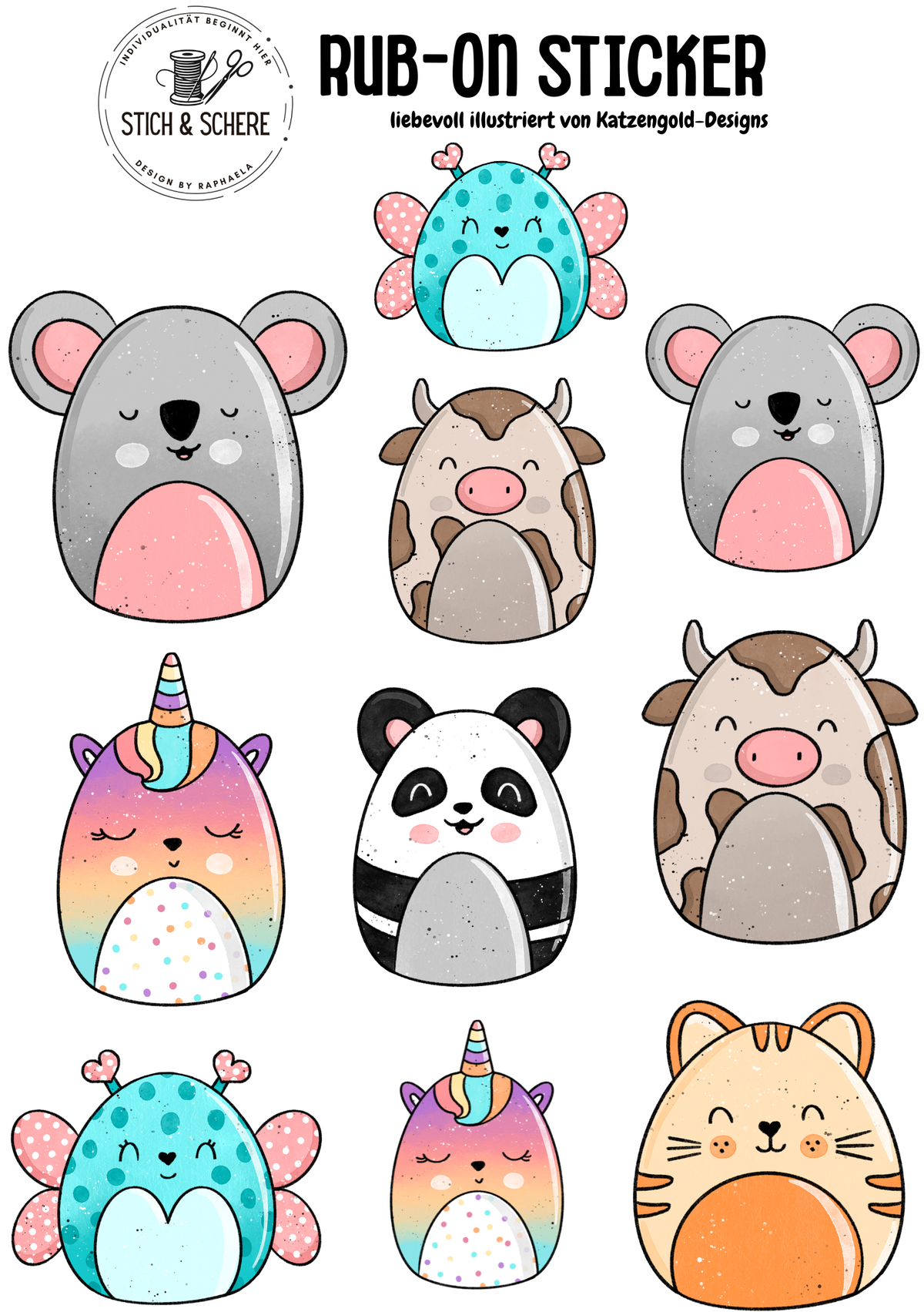 Flauschis Rub-On Sticker DIN A5 mit Koala, Kuh, Panda, Einhorn, Katze und bunten Tiermotiven von Katzengold-Designs