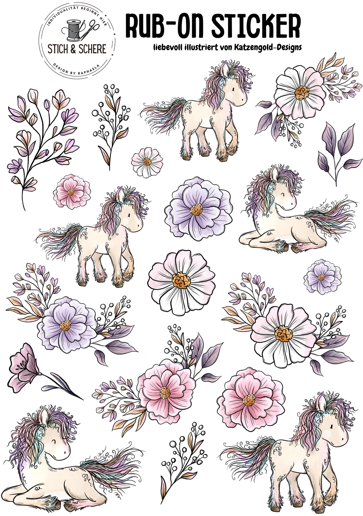 Flower Pony Rub-On Sticker DIN A5 mit süßen Ponys, rosa und lilafarbenen Blumen, Blüten und floralen Zweigen von Katzengold-Designs