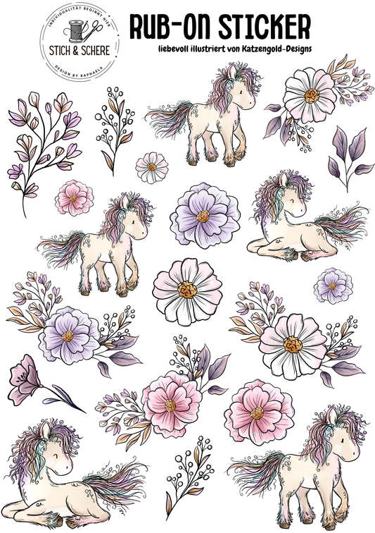 Flower Pony Rub-On Sticker DIN A5 mit süßen Ponys, rosa und lilafarbenen Blumen, Blüten und floralen Zweigen von Katzengold-Designs