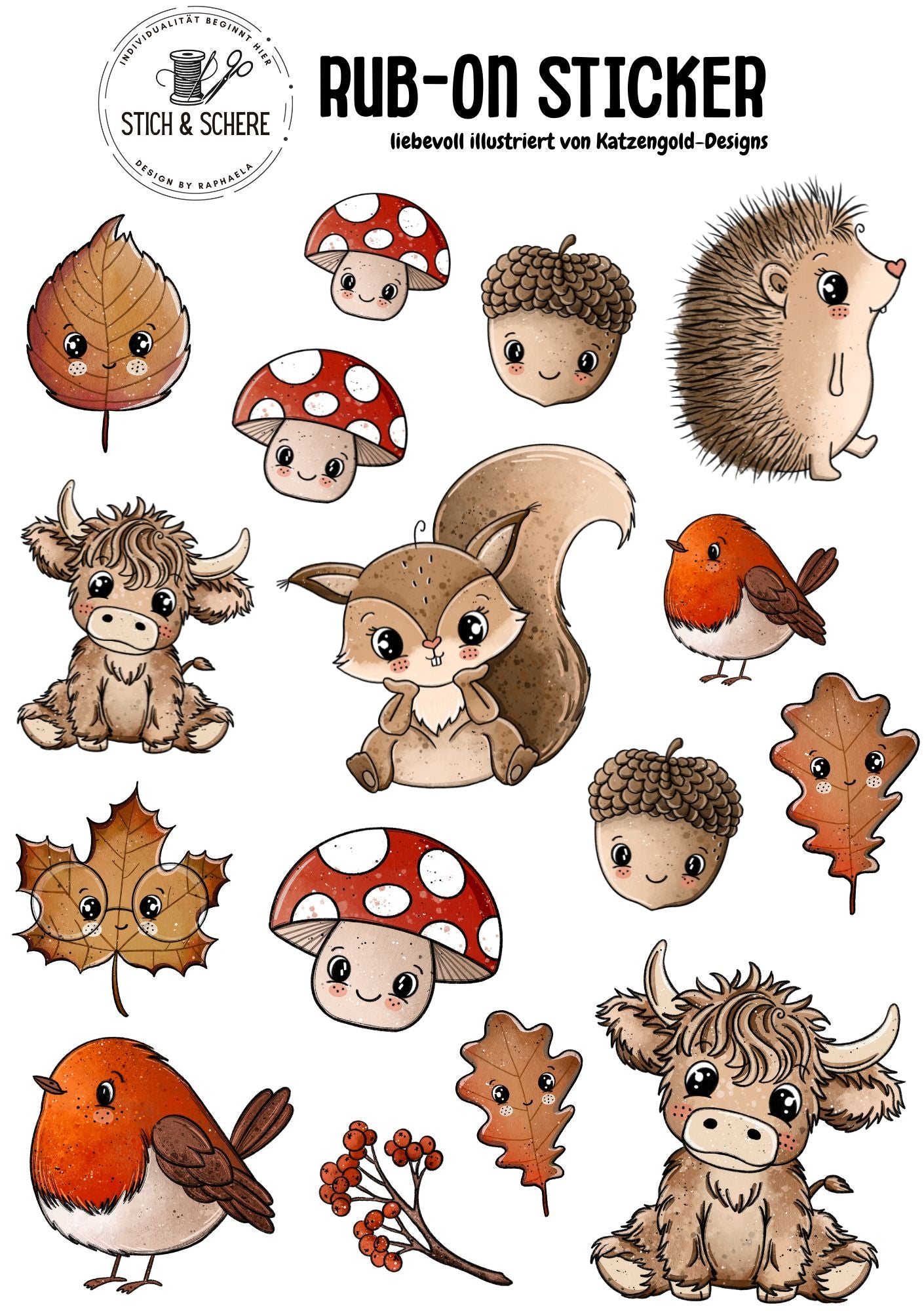 Rub-On-Sticker-Sheet „Herbstliebe“ im DIN A5-Format mit Igel, Eichhörnchen, Pilzen, Blättern und Waldtieren – handgezeichnet von Katzengold-Designs für Stich & Schere.