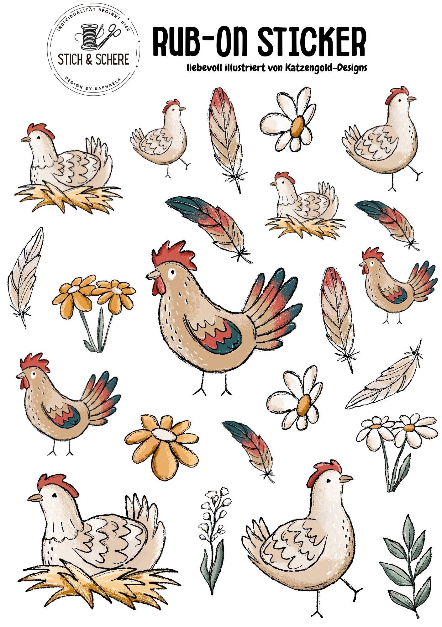Rub-On-Sticker-Sheet „Hühnertag“ im DIN A5-Format mit Hühnern, Federn und Blumen, handgemalt von Katzengold-Designs – Stich & Schere.