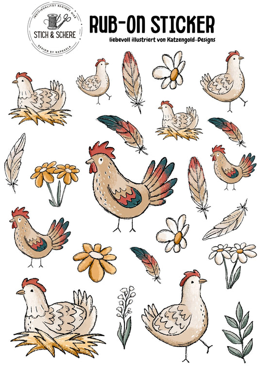 Rub-On-Sticker-Sheet „Hühnertag“ im DIN A5-Format mit Hühnern, Federn und Blumen, handgemalt von Katzengold-Designs – Stich & Schere.