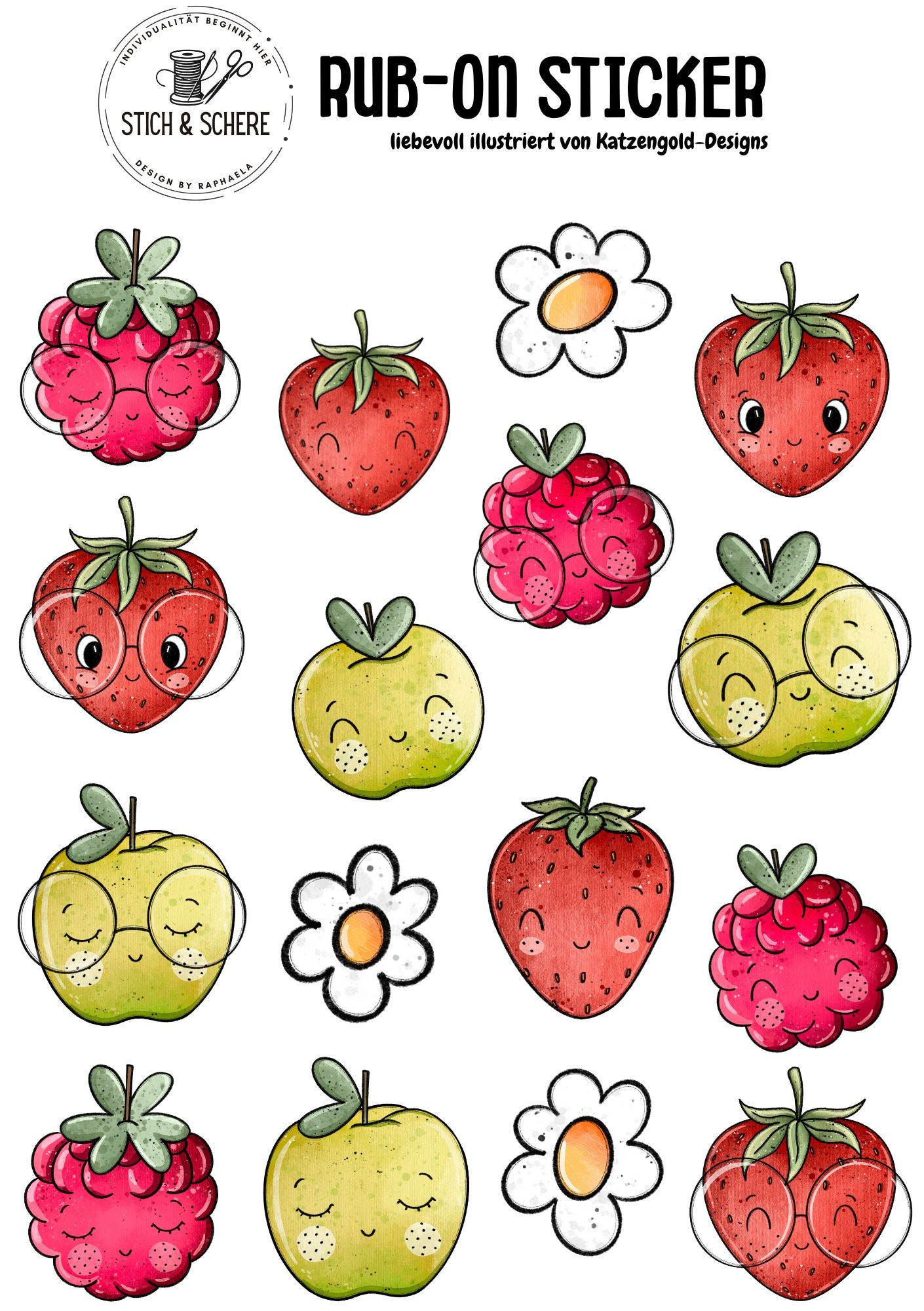 Rub-On-Sticker-Sheet „Kleine Himbeere & Äpfelchen“ im DIN A5-Format mit Himbeeren, Äpfeln und Blüten – handgezeichnet von Katzengold-Designs für Stich & Schere.