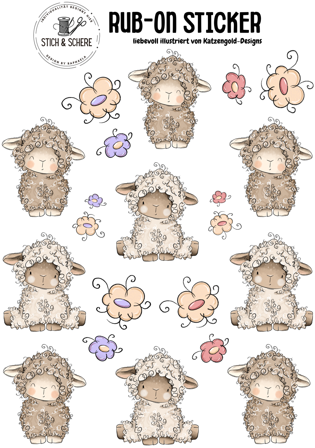 Lämmchen Rub-On Sticker DIN A5 mit süßen Schafen und bunten Blumen von Katzengold-Designs