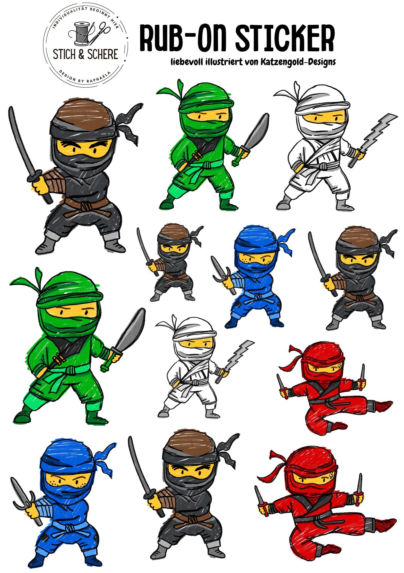 Rub-On-Sticker-Sheet „Ninjas“ im DIN A5-Format mit bunten Ninja-Figuren in Rot, Blau, Grün, Weiß, Schwarz und Braun – handgezeichnet von Katzengold-Designs für Stich & Schere.