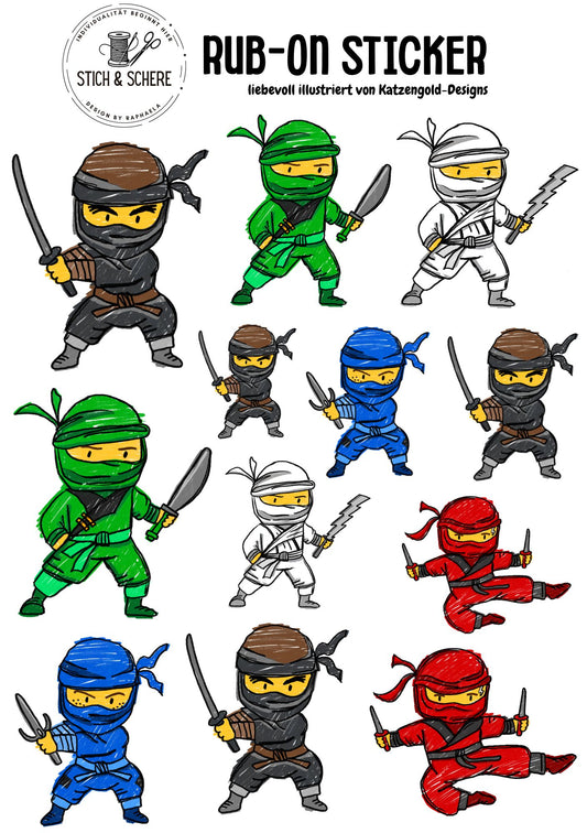 Rub-On-Sticker-Sheet „Ninjas“ im DIN A5-Format mit bunten Ninja-Figuren in Rot, Blau, Grün, Weiß, Schwarz und Braun – handgezeichnet von Katzengold-Designs für Stich & Schere.