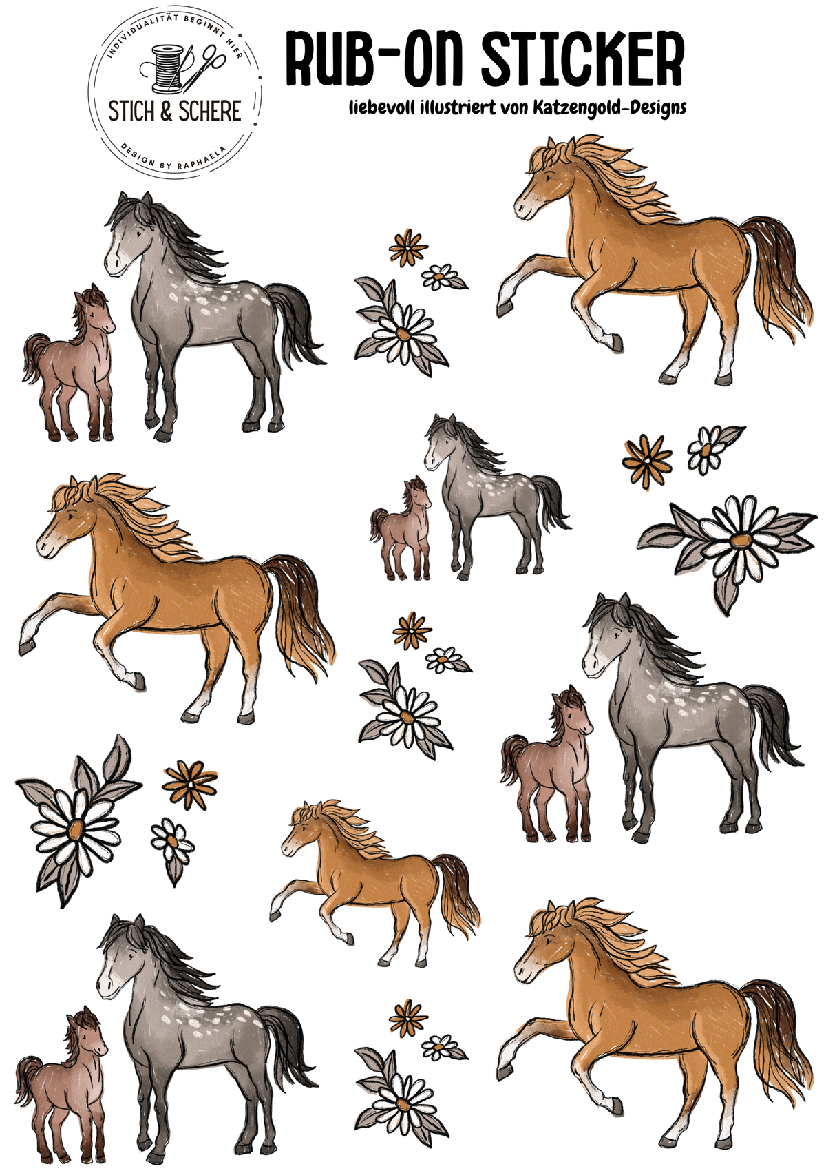 Pferde Scratch Rub-On Sticker DIN A5 mit braunen und grauen Pferden, Fohlen und Blumen von Katzengold-Designs