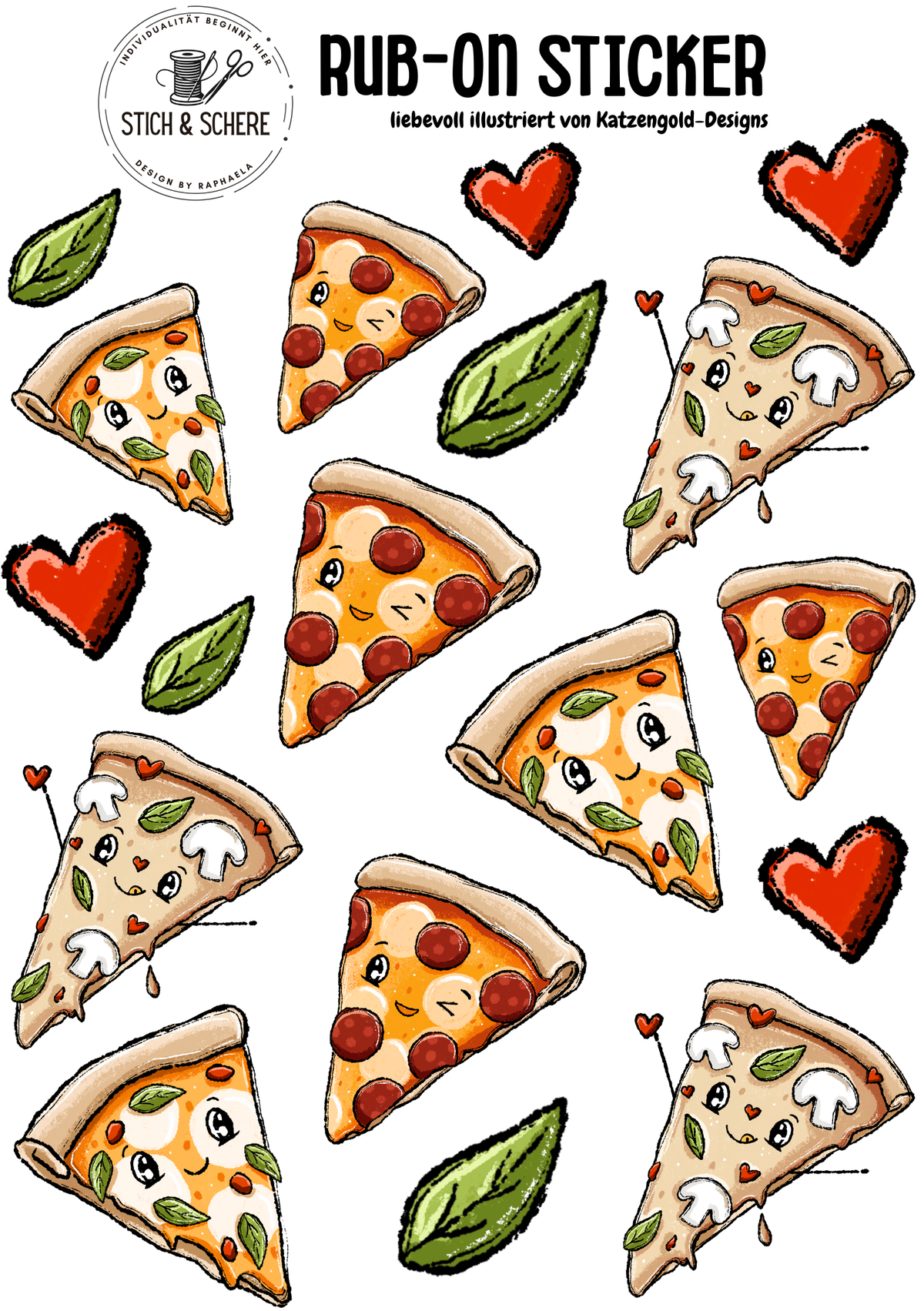 Pizzalein Rub-On Sticker DIN A5 mit süßen Pizza-Motiven, Herzen und Basilikumblättern von Katzengold-Designs